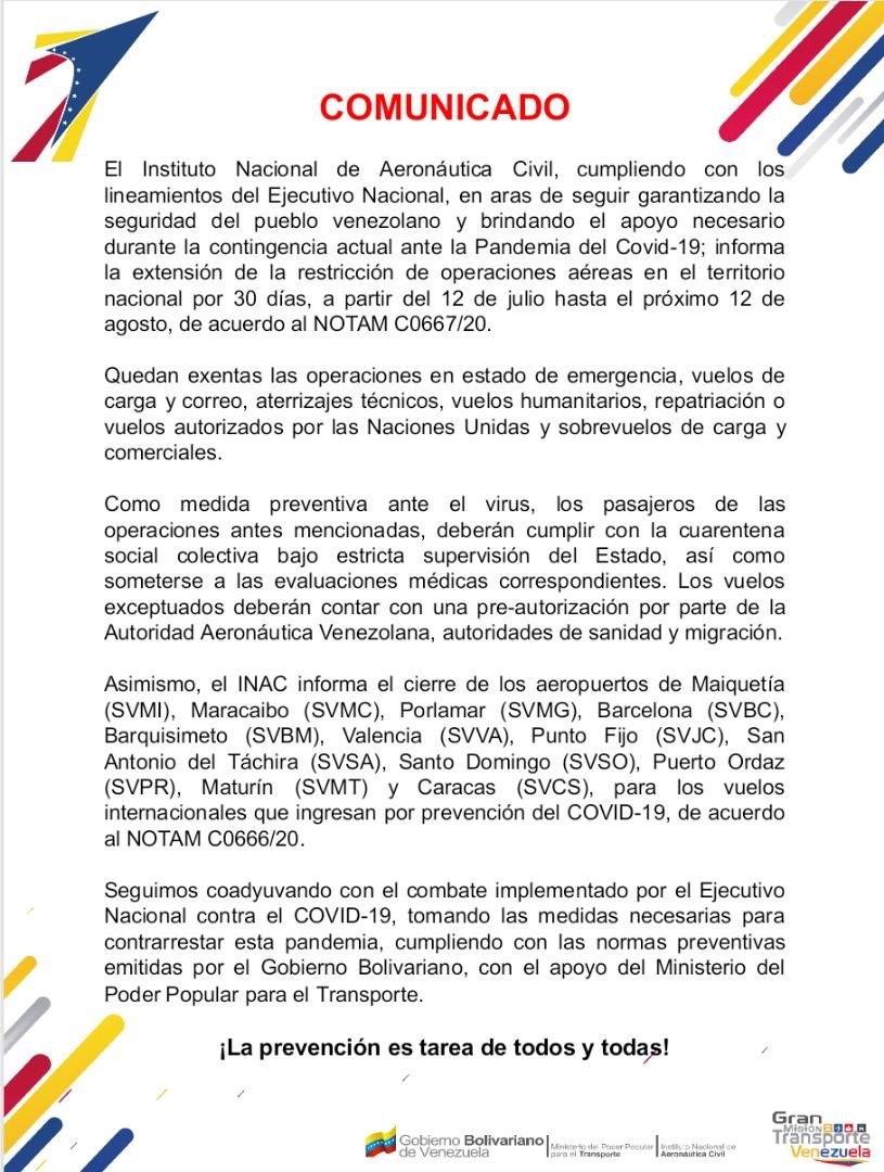 IAIM_VE's tweet photo. #InfoIAIM || Cumpliendo instrucciones del Ejecutivo Nacional y en aras de mantener informados a nuestros usuarios, compartimos el comunicado emitido por el #INAC, en el que informa la extensión de la restricción de las operaciones aéreas en Venezuela hasta el 12 de agosto. https://t.co/Yvm7LAC0Zv