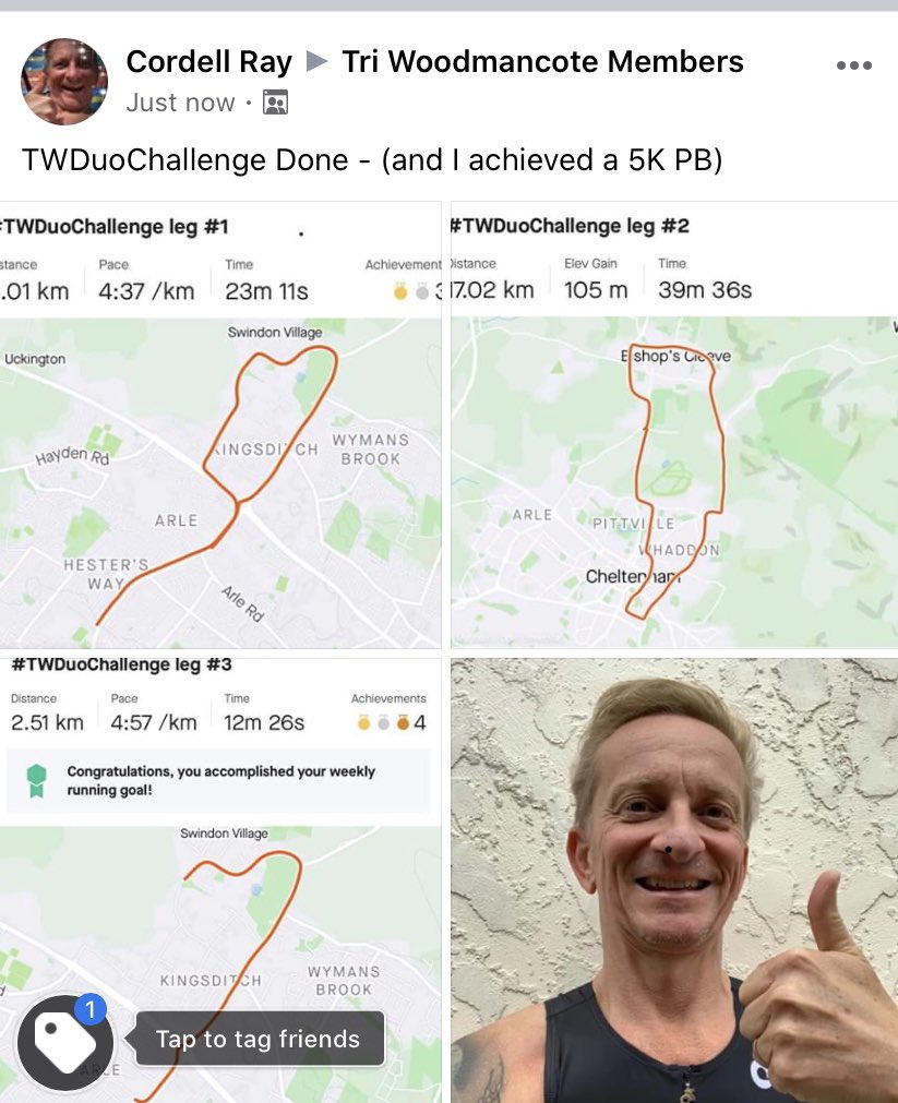 CCPChiefExec's tweet photo. Managed to go via @Garmin and upload direct to @Strava - pleased with the overall result. Thanks to @TriWoodmancote for training, support and encouragement. #TWDuoChallenge #Duathlon #Sundays https://t.co/B8AT43h2hF