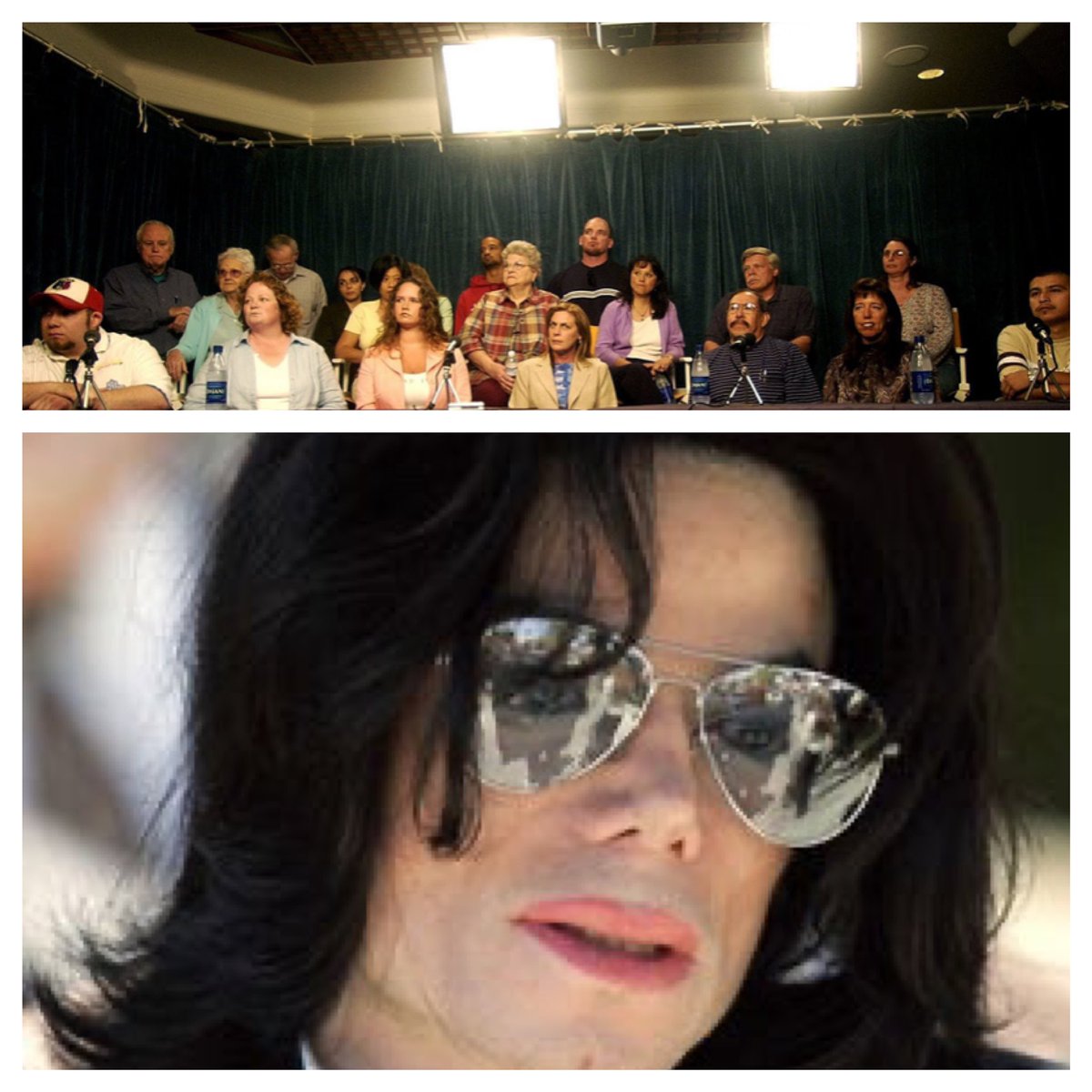Now compare this to the horrible trial MJ's had to endure in 2005. Look at the jury and the falsely tried and exonerated black man.Nothing more to add!  #MJinnocent Jury pic: Aaron Lambert/AP Photo/ MJ pic: internet, source/ unknown