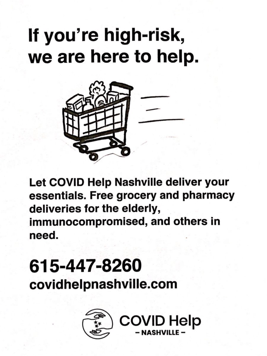 covidhelpnash's tweet photo. Are you elderly, immunocompromised or otherwise high-risk? Let our volunteers run your errands so you can #StayHomeStaySafe, #Nashville. This service is FREE! #Covid_19 #MutualAid https://t.co/A6uWn7ZO5n