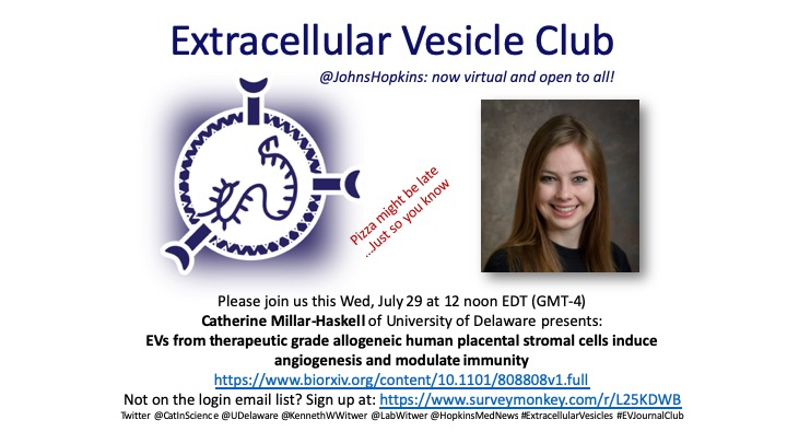 KennethWWitwer's tweet image. At the next @EVJournalClub, July 29, 12 noon EDT 
@CatInScience presents on #TangentialFlowFiltration and a preprint on #placental stromal cell #ExtracellularVesicles bit.ly/3jJrmbB Not on the login list?surveymonkey.com/r/L25KDWB #PMU @UDelaware @LabWitwer @IsevComms