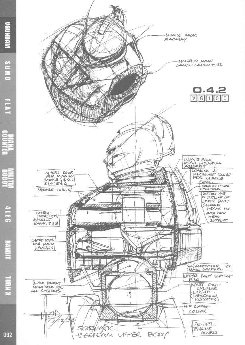 A schematic analysis of the Turn A Gundam's upper body concept. A "structural shell with two missile rack chambers", Mead breaks down many details and individual components.