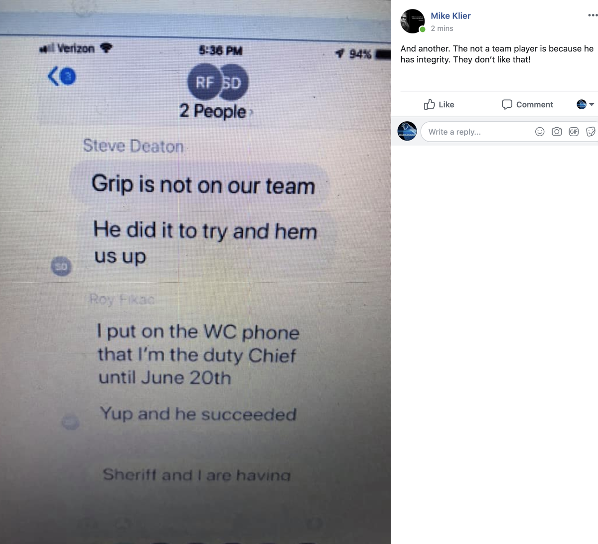buddy_falcon's tweet photo. The Wilco Commissioners Watch page deleted these two comments. I thought you'd like to see them. They demonstrate how the admin , including Williamson County Sheriff Robert Chody, plotted and planned the terminations of people that not go along with their way of doing things. https://t.co/PKD1oWf7QV