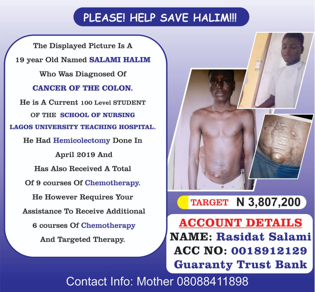 Yuusufjunior's tweet photo. URGENT MEDICAL APPEAL FUND

His name is Halim Salami, a 19year old nursing student diagnosed with CANCER OF THE COLON. 

He has been receiving treatment since 2017 and now requires more funds for diagnostic investigations, chemotherapy sessions and other prescribed treatments. https://t.co/SWsNVULKFQ