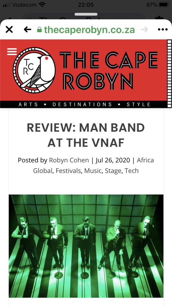 TheCapeRobyn's tweet photo. Very emotional watching #manband on the #vNAF. Saw it Aug 2019 at @KalkBay_Theatre which no longer exists. See review on TheCapeRobyn. Tickets R75. @artsfestival ends Friday July 31.
Link: https://t.co/Dt2YmmQPNB
#wearestillcreating https://t.co/qm2GoI2Y47