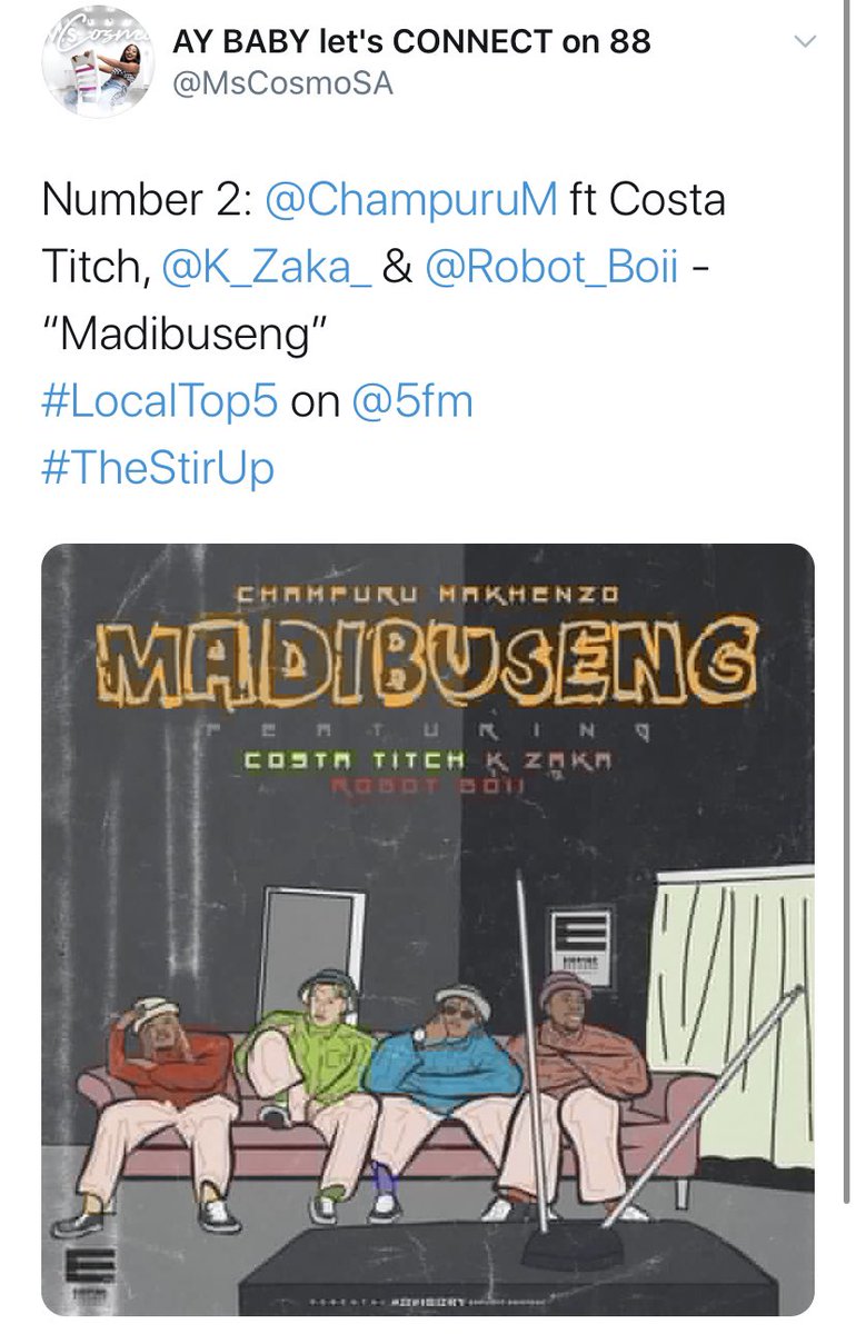 K_Zaka_'s tweet photo. Last week this time my single  #Swarr feat. @only1makwa &amp; @DJKaymoworld_ [Prod. By. @NicJay_Inc ] debuted on Metro FM and today we on @5fm @MsCosmoSA + #Madibuseng by @ChampuruM feat. Costa Titch, @Robot_Boii and myself which is No.2 on #LocalTop5 🙌🏾💫🙏🏾... #K_ZakaBathong https://t.co/opQ1WF35ZD