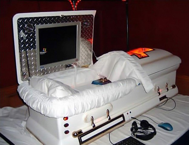(10/11) If all this seems a bit superstitious, consider the fact that safety coffins are still available for purchase today. In 1995, Fabrizio Caselli invented a model that includes an emergency alarm, two-way intercom, flashlight, oxygen tank, heartbeat sensor & stimulator.
