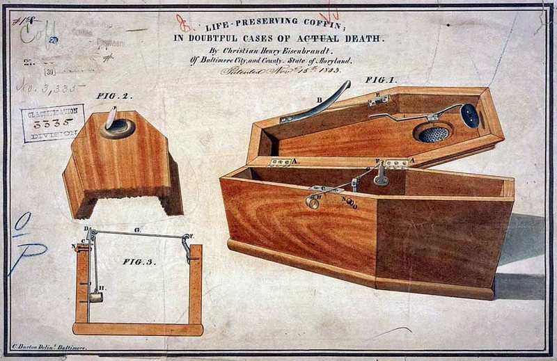 (4/11) Gutsmuth wasn’t the first. In 1790, the Duke Ferdinand of Brunswick had a safety coffin built which included a window and a breathing tube. The lid was then locked and two keys sewn into his burial shroud: one for the coffin itself and one for the tomb.