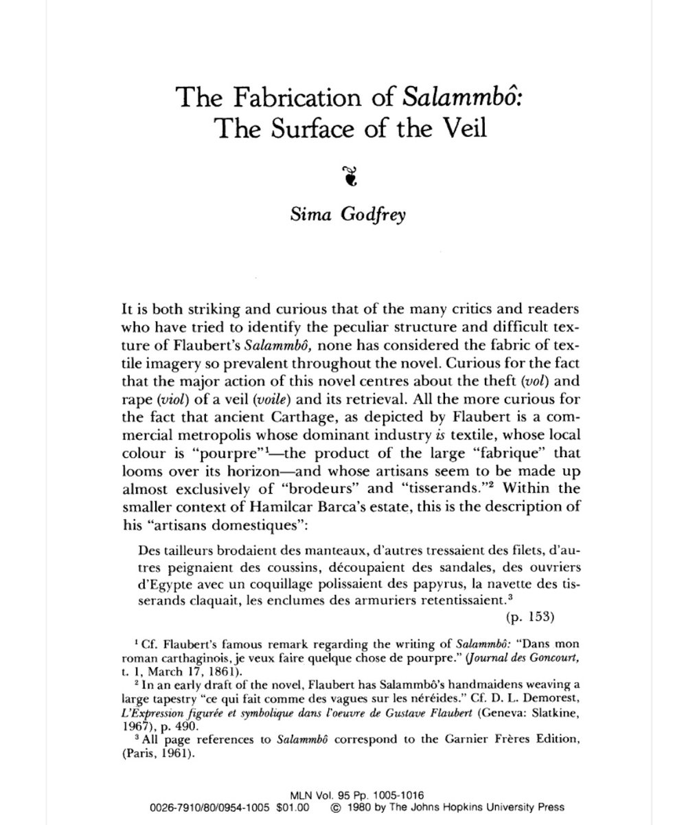 ReemK10's tweet photo. The fabrication of Salammbo
The surface of the veil -
#Salammbo #Flaubert2020 #GustaveFlaubert
none has considered the fabric of textile imagery so prevalent throughout the novel. #Zaimph https://t.co/UU4meBQbfW