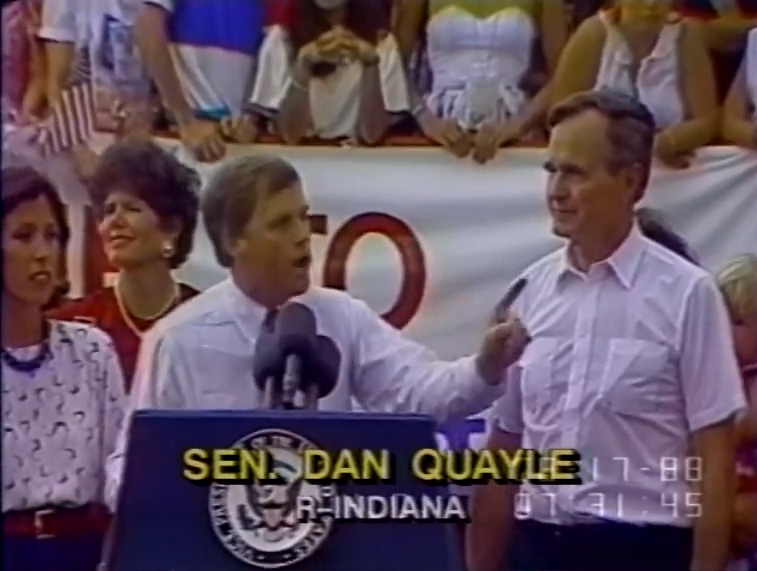 1988 (R): Sen. Dan Quayle (IN) the last VP running-mate announced during convention. https://www.c-span.org/video/?3917-1/announcement-dan-quayle-george-hw-bush-running-mate&playEvent"He kept his head high and was loyal to me, and I never regretted my choice," Bush 41 later wrote.(Quayle, elected VP at age 41, is younger than Trump & Biden.)