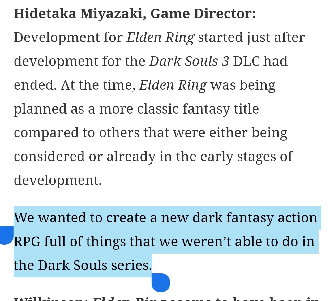 دعوني اقتبس جمله لميازاكي من مقابلته مع Xbox قبل سنة: "في Elden Ring نسعى لتطبيق الامور التي لم يكن بإمكاننا تطبيقها في دارك سولز" .. يراودني إحساس كبير ان احد تلك الامور هي مسأله تصميم العالم وامكانيه رؤية الامكان من بعيد قبل وصولها