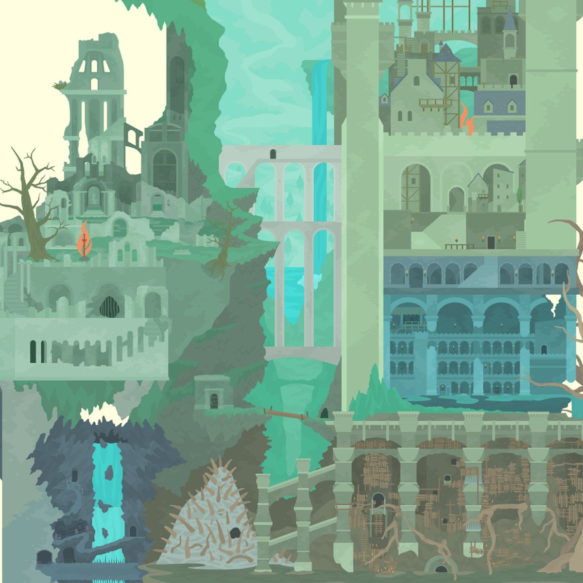 والتصميم العامودي كان احد اهم مزايا دارك سولز واكثرها ابهارا والذي يتمثل بتوزيع مناطق اللعبة فوق بعضها بشكل عامودي بدلا عن وضعها جنبا إلى جنب بالشكل التقليدي واذا ما تم تطبيق هذا الأسلوب في عالم Elden Ring ومع الإمكانيات الحديثه اكاد اجزم ان الامر سيكون مذهل بشكل لا يصدق