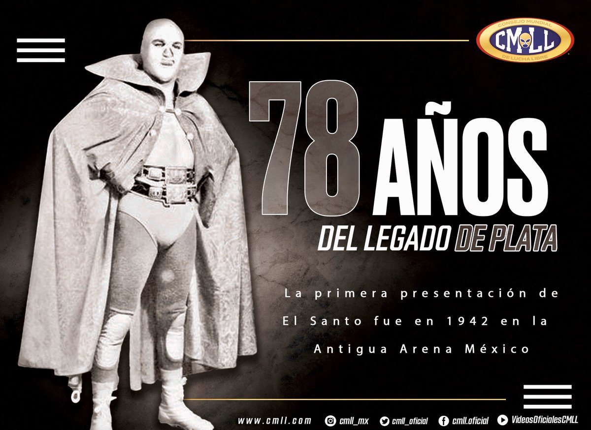 CMLL_OFICIAL's tweet photo. ✨ 78 AÑOS DEL LEGADO DE PLATA ✨ 
Hoy hace 78 años en la antigua Arena México hizo su primera presentación El Santo. Un personaje creado por don Chucho Lomelín y que a la postre se convirtió en un auténtico ídolo... ¿te tocó presenciar algún combate de este sensacional luchador? https://t.co/Kt0R11beMo