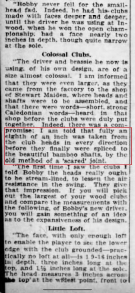 Jones’ use of a splice neck driver is fascinating! Why? The splice neck instead of the socket head created more surface area between the shaft and head which leads to better feel. This may be a little known fact but Walter Hagen used a spliced neck driver during his prime.