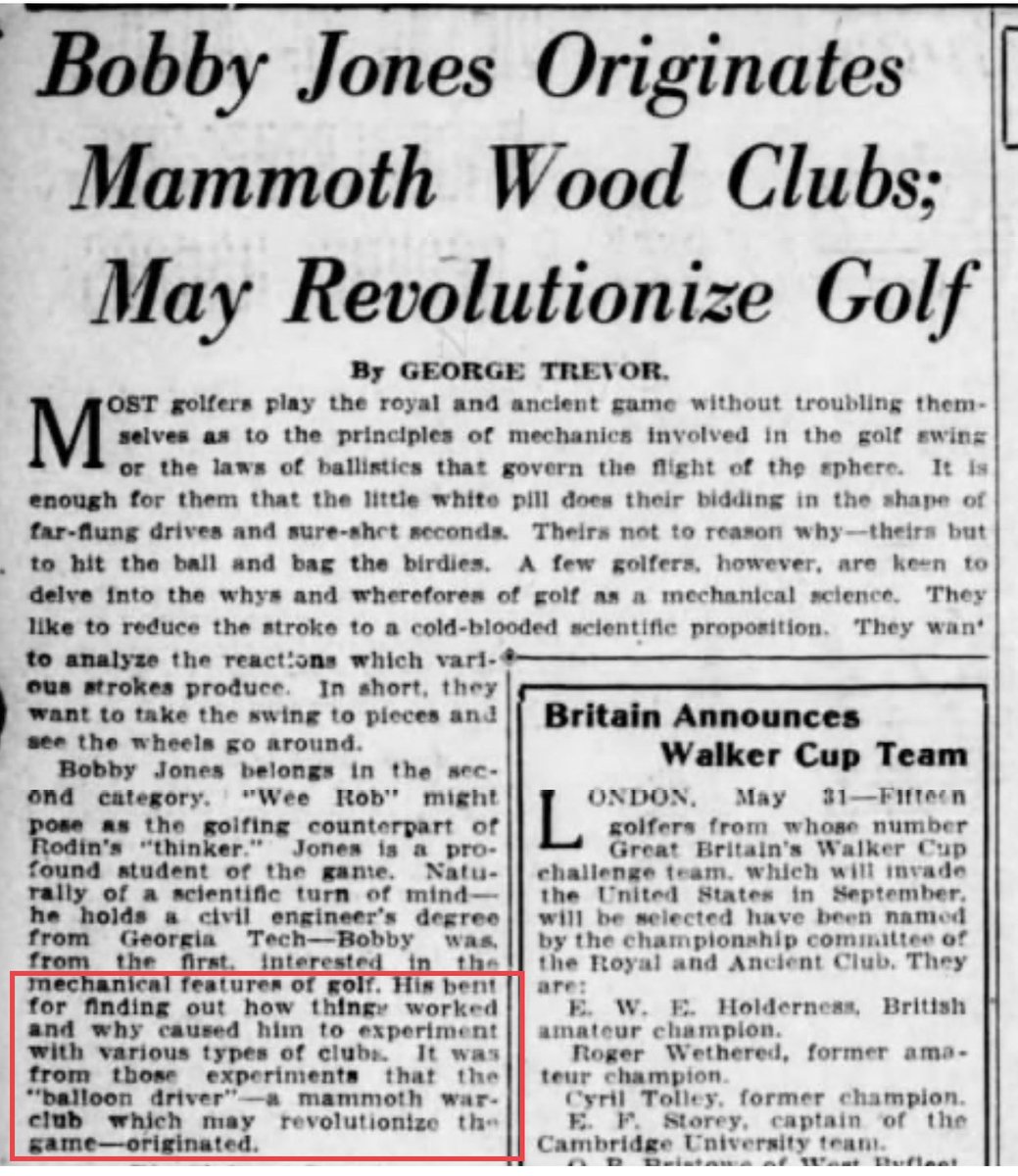 Bobby Jones put his BA in Mechanical Enginnering from Georgia Tech to work when he designed the Colossus Driver. Jones was known to experiment with clubs going through hundreds of hickory shafts to find a good fit for his play set. He put his mind to improving the driver as well