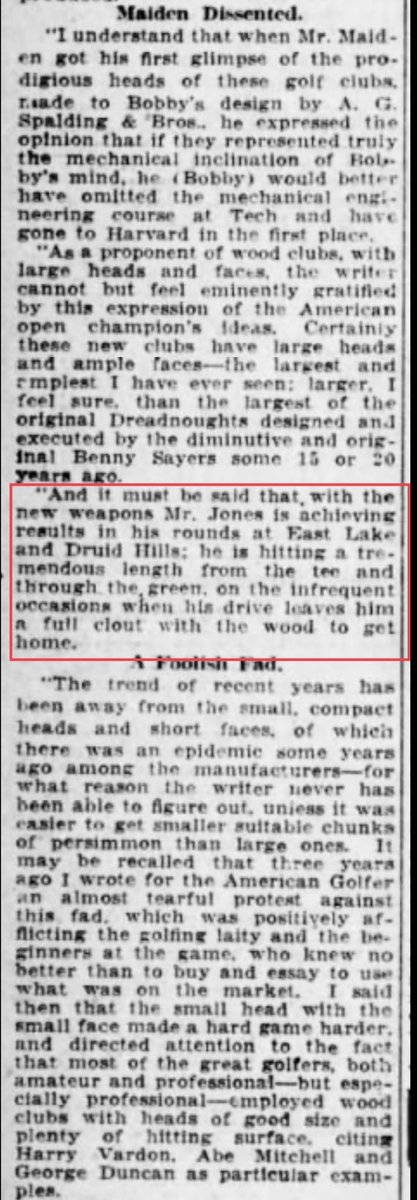 What did Jones foresee?Bobby Jones saw the potential of increased distance, reduced spin and forgiveness from the larger driver headIf you don’t read the whole piece please make sure to read the highlighted portions. It gets better...