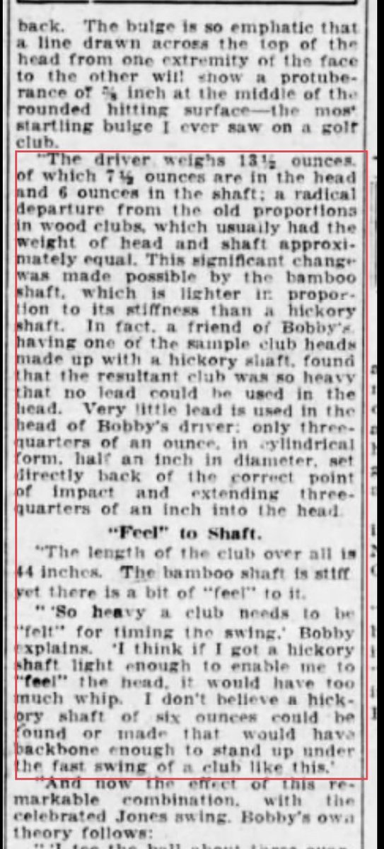 I also LOVE the use of the bamboo shaft. The use of a stiff bamboo shaft does three things: 1) Lighter weight = faster swing speed 2) Lighter shaft creates better feel 3) The kick point of bamboo over hickory is completely different! Bamboo = the graphite shaft of its day.