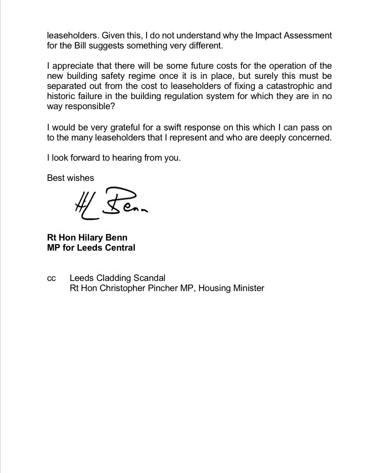 hilarybennmp's tweet photo. 1/2 My letter to @RobertJenrick about the potentially huge costs leaseholders could face as a result of the Building Safety Bill. This cannot be allowed to happen. @LeedsCladding https://t.co/lSIjjcUNbg
