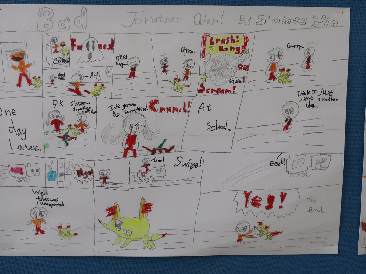 2seetheglobe's tweet photo. Creating comic strips using lots of onomatopoeic words! Research shows that drawing provides a medium for kids to communicate more complex ideas and to increase comprehension. #artsintegration #4thgrade #4thgradereading #onomatopoeia #figurativelanguage #comics https://t.co/hm24zq0ws2