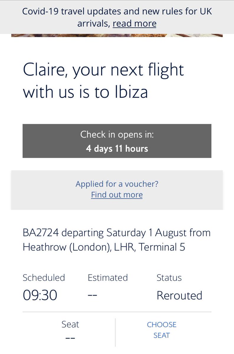 The_Bids's tweet photo. @British_Airways  my flight to IBZ on 1 Aug now says rerouted. It says to speak to a BA rep at airport. What does this mean? There’s no info on the website or app and I can’t get through to speak to anyone.  #ABTA https://t.co/12Aj2Eh0qO