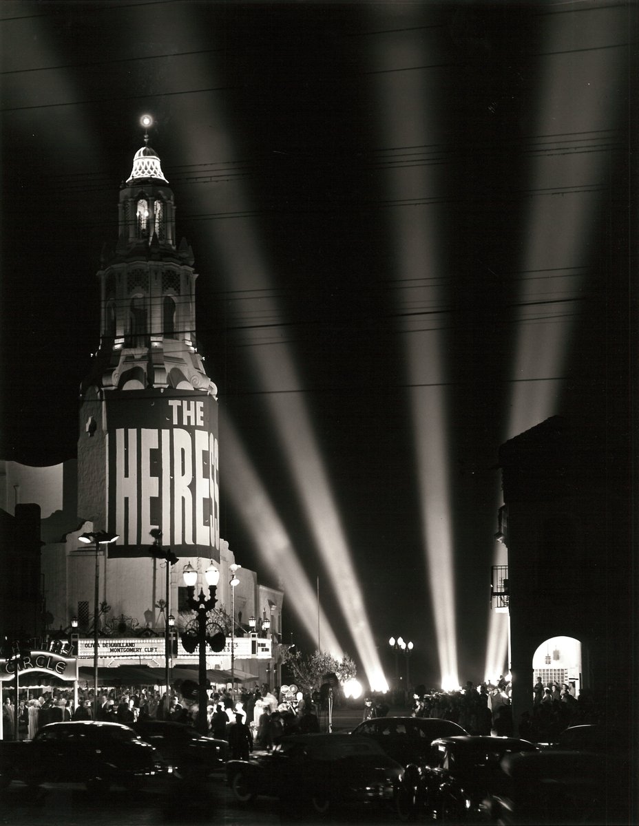 "The Heiress" premiere at the glorious Carthay Circle, October 23rd, 1949. When I interviewed her in 2016, Ms. De Havilland said she was not in attendance because she was still recovering giving birth to her son. But she said she could *see* the spotlights from her home.