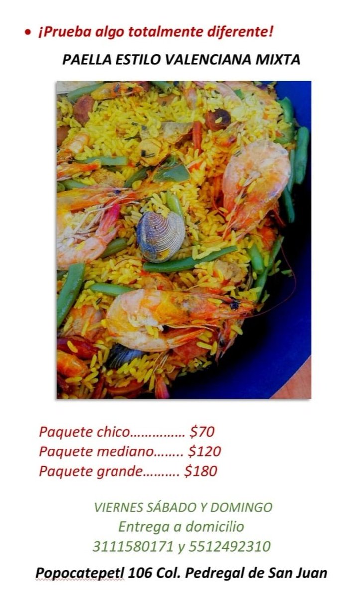 lvlystyless's tweet photo. Me pueden ayudar con un rt?
Mi mamá está vendiendo deliciosa paella los fines de semana en Tepic, Nayarit.
Todo delicioso y de la mejor calidad ❤️ https://t.co/P4FFCBNpJ6