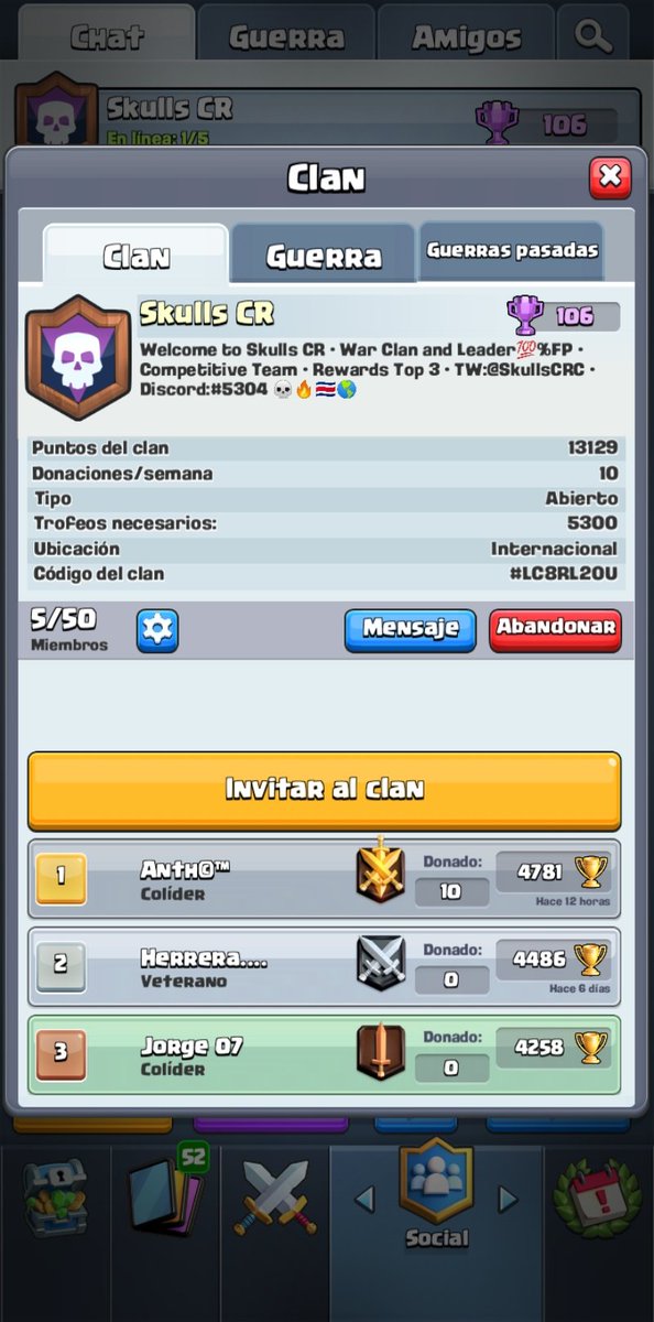 Hola Royaleros 👋🏼👑🔥!!!

Abrimos un clan para full guerras y subida, de momento no para el competitivo, pero según como vaya el tema de jugadores puede que en un futuro a corto plazo nos metamos de lleno al compe. 

Info: @SlowY2101
#ClashRoyale 
#Supercell 
#SkullsOnFire