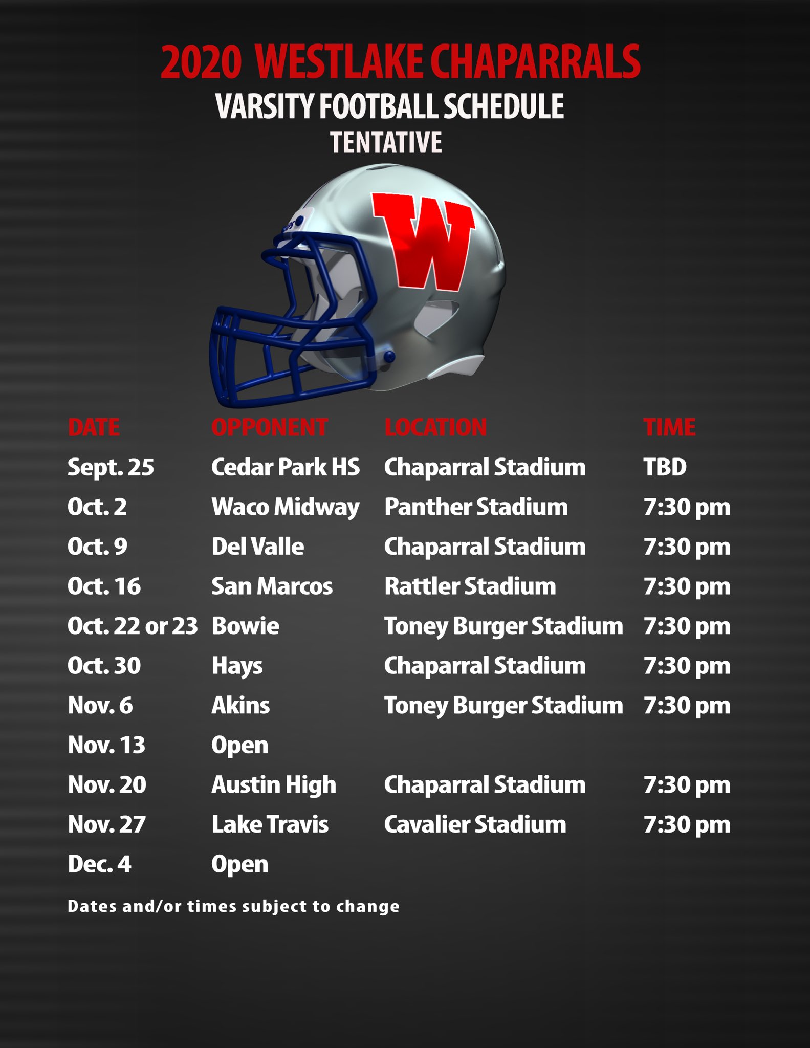 Westlake Football Schedule 2022 Westlakenation On Twitter: "Breaking! The Tentative 2020 Westlake Football  Schedule Begins With The Annual Scrimmage With Cedar Park On September  25Th. The Chaps Will Open The Regular Season On October 2Nd At