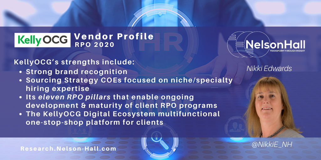 NikkiE_NH's tweet photo. The #NelsonHall #EvolutionofRPO vendor profile of @kellyocg is available: https://t.co/Bi0JzGK8Df. 2020 further additions to #RPO + #TotalTalent #Tech roadmap, geo growth, + mid-market growth. #TalentAcquisition #RPO #TotalTalent #MSP #HR @NHInsight https://t.co/z6NvZ7A3Md