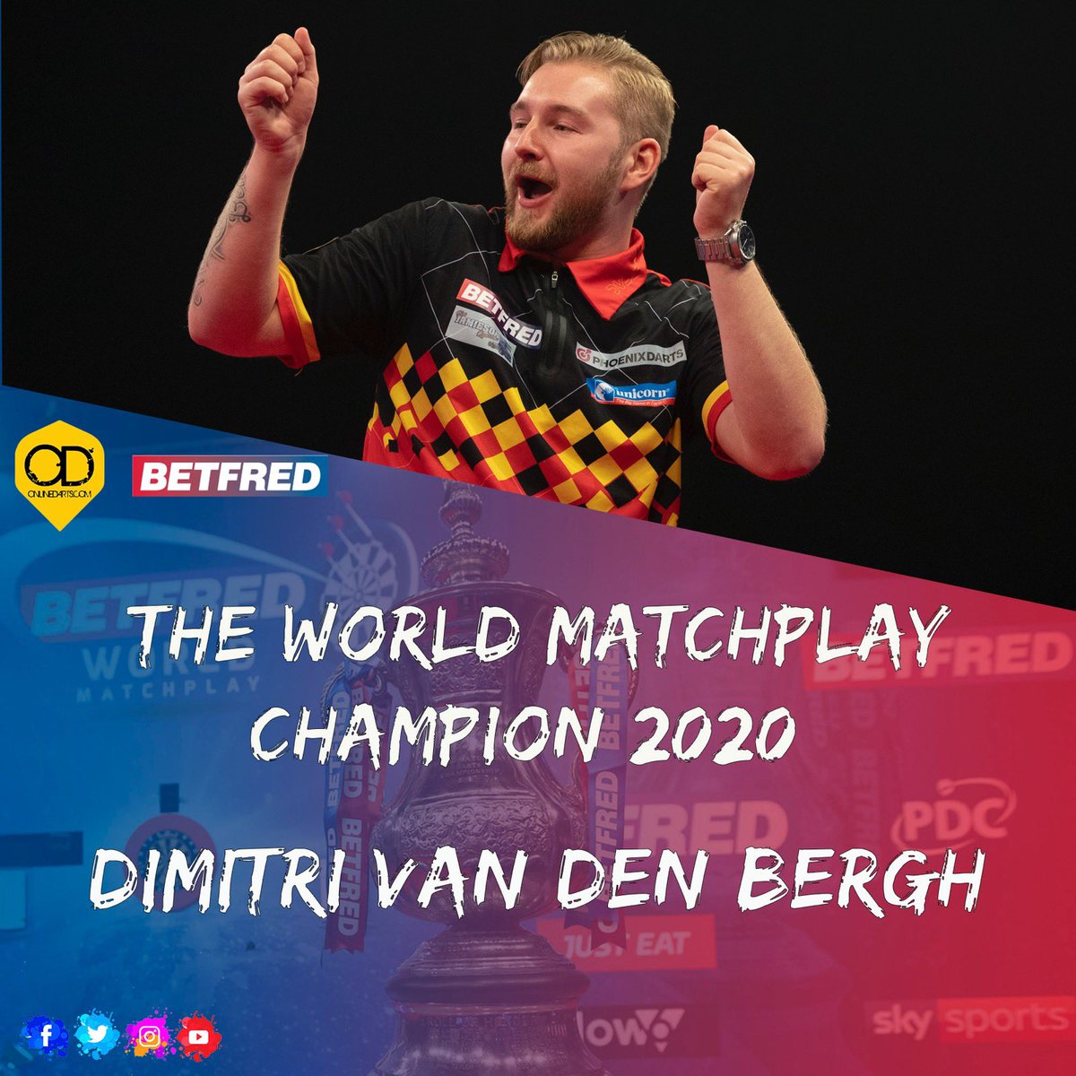 OfficialOLDarts's tweet photo. DIMITRI VAN DEN BERGH WINS!

What a performance from the Dream Maker! 

He becomes the first player from Belgium to win a PDC major TV title! He beats Gary Anderson 18-10!

Congratulations Dimitri!

#WorldMatchplay https://t.co/I5nYYgJyC1