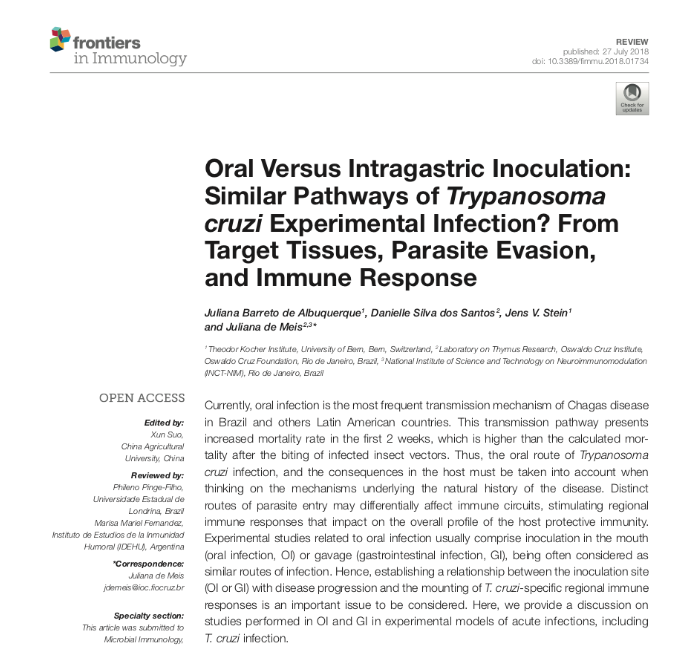 InctNim's tweet photo. Review! Oral Versus Intragastric Inoculation: Similar Pathways of #Trypanosomacruzi Experimental Infection? From Target Tissues, Parasite Evasion, and #ImmuneResponse. | @FrontImmunol | @MeisJuliana | #OralCavity #IntragastricInfection #TCellActivation
https://t.co/WOykV0KHOS https://t.co/bFV2UOr3Gg