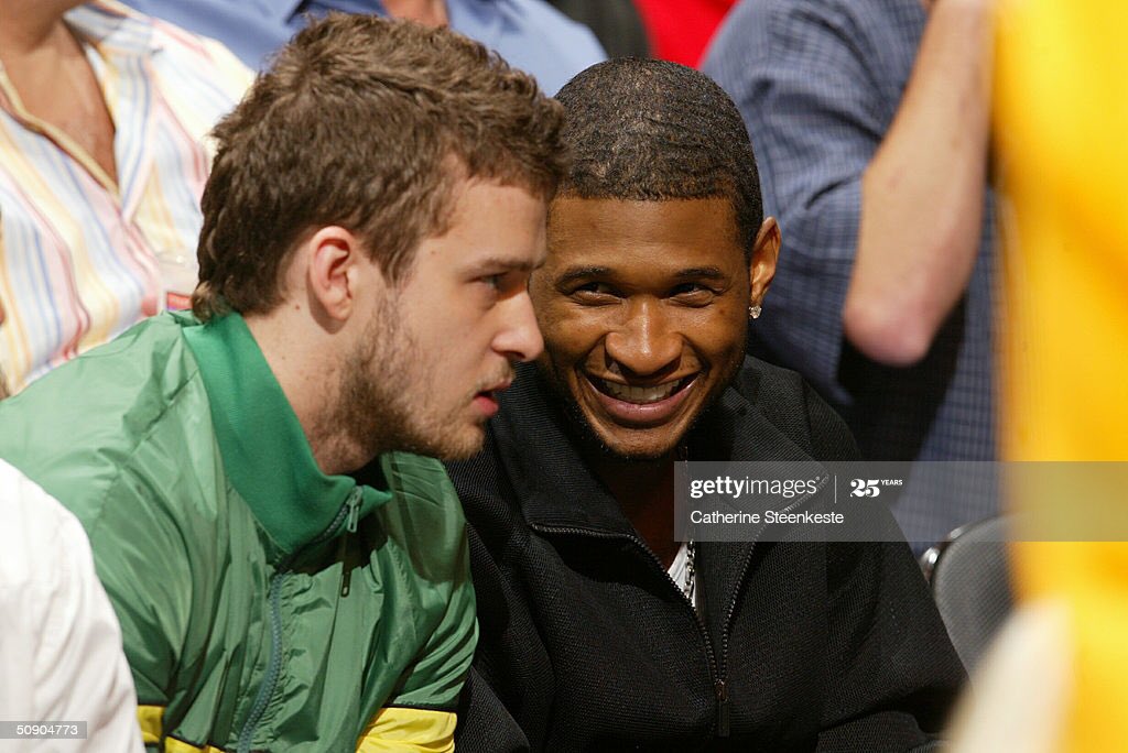 3 months later, Justin and Usher attend Game 4 of the NBA Western Conference Finals (May 2004).