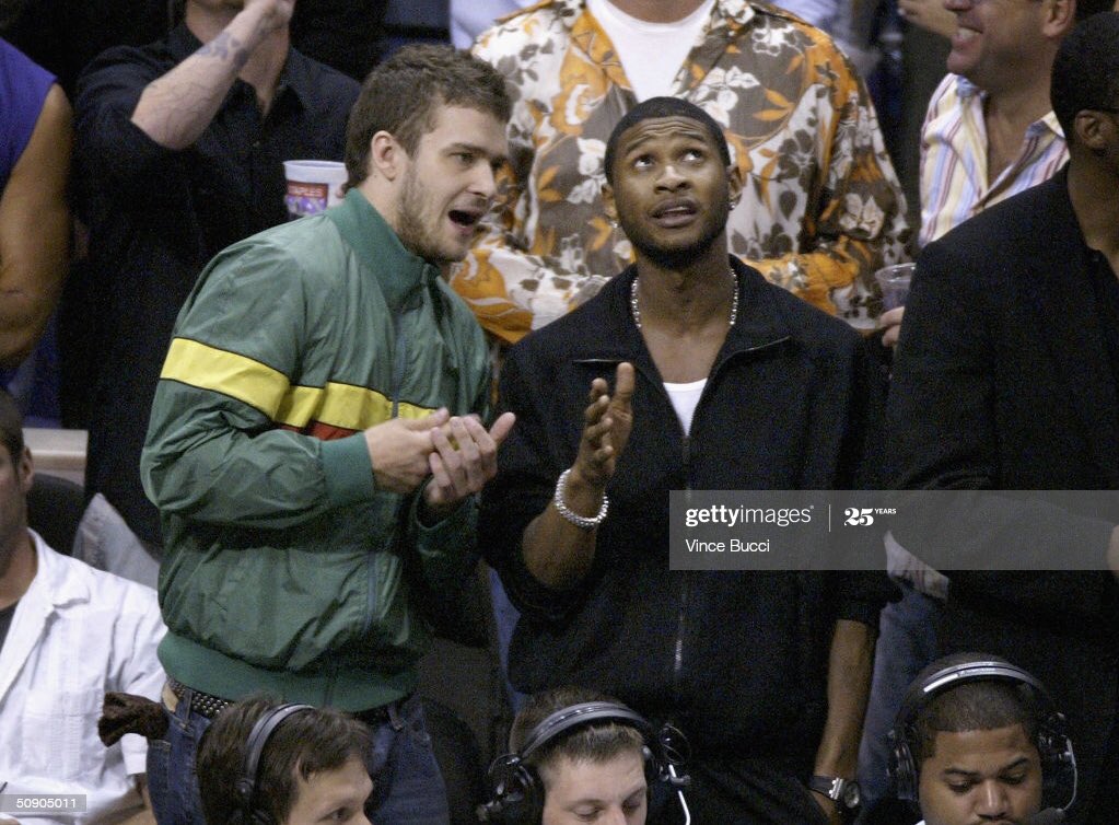 3 months later, Justin and Usher attend Game 4 of the NBA Western Conference Finals (May 2004).