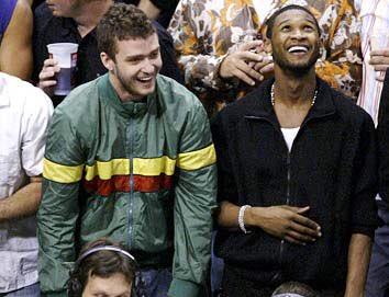 3 months later, Justin and Usher attend Game 4 of the NBA Western Conference Finals (May 2004).