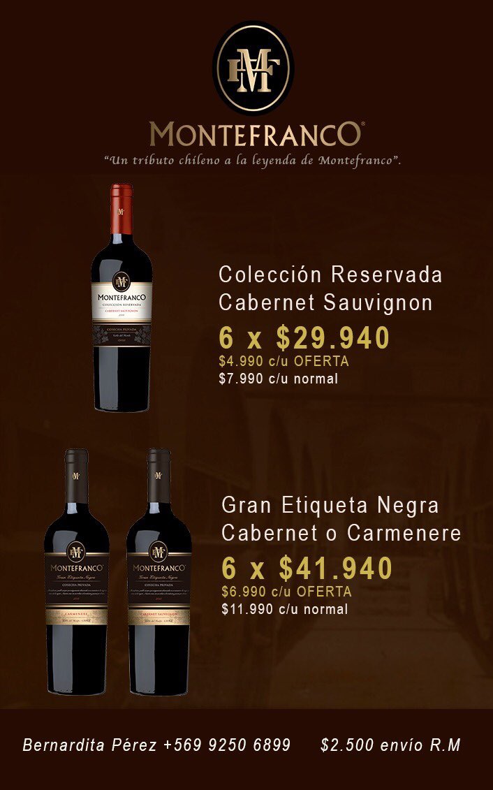EmprendeAca's tweet photo. Vinos Montefranco #delivery @LiliRusconi @sergioulloa1 @FridaSiKahlo @MrsVanBuren @AloneMariana @AlexImNot @Julybpa @lorecuadra @alobos75 @lobonihilista @AndHerCL @EvaWicker @123momia_es @rossiurquijo @nicozuniga @soylamissfran @Gouvrard @jtgazmuri @geraldinejodo @JoePub1945 https://t.co/NSlL28Cada