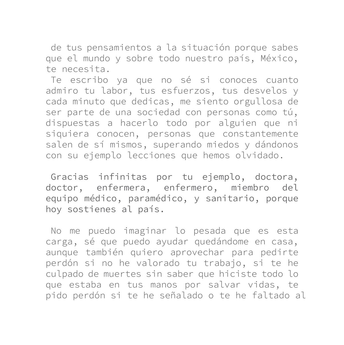 SGarcini's tweet photo. @diariodeunloc0 Hola! Escribí esta carta para todos los médicos y personal de salud, de corazón muchas gracias por lo que hacen. Es de parte mía y de muchísimos mexicanos, eso te lo aseguro 🙌👏✨💪 https://t.co/NzcQqvtKsH