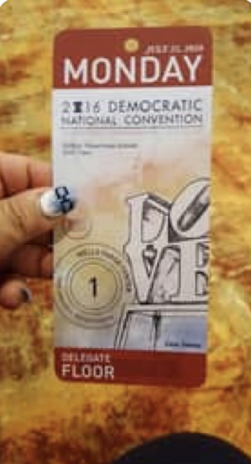 FL4Bernie2020's tweet photo. @spiderpinkhill with her 2016 DNC credentials for the night of @BernieSanders amazing speech! #DemsInPhilly #FlaDems #BernieDelegates https://t.co/PGWpCKGXyO