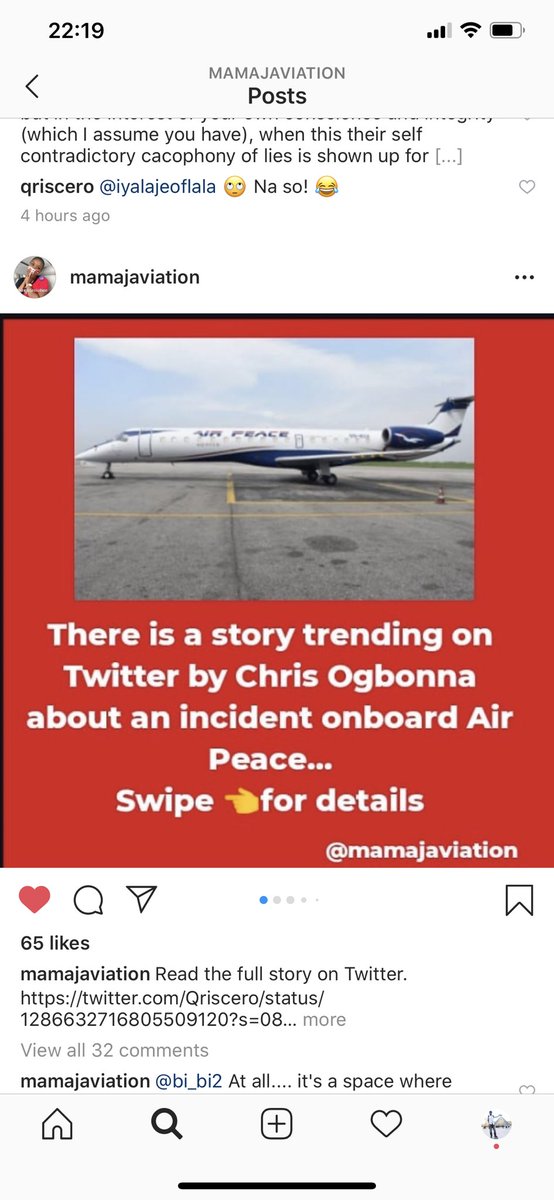 Apparently, the 1st of  @flyairpeace mouthpieces  @mamajsaviation has resumed work on  @instagram wt hopelessly lopsided & shamelessly biased reportage. There will be more like her coming but a clear conscience fears no sychophant. Facts and evidence SPEAK  #getpeacefornneka