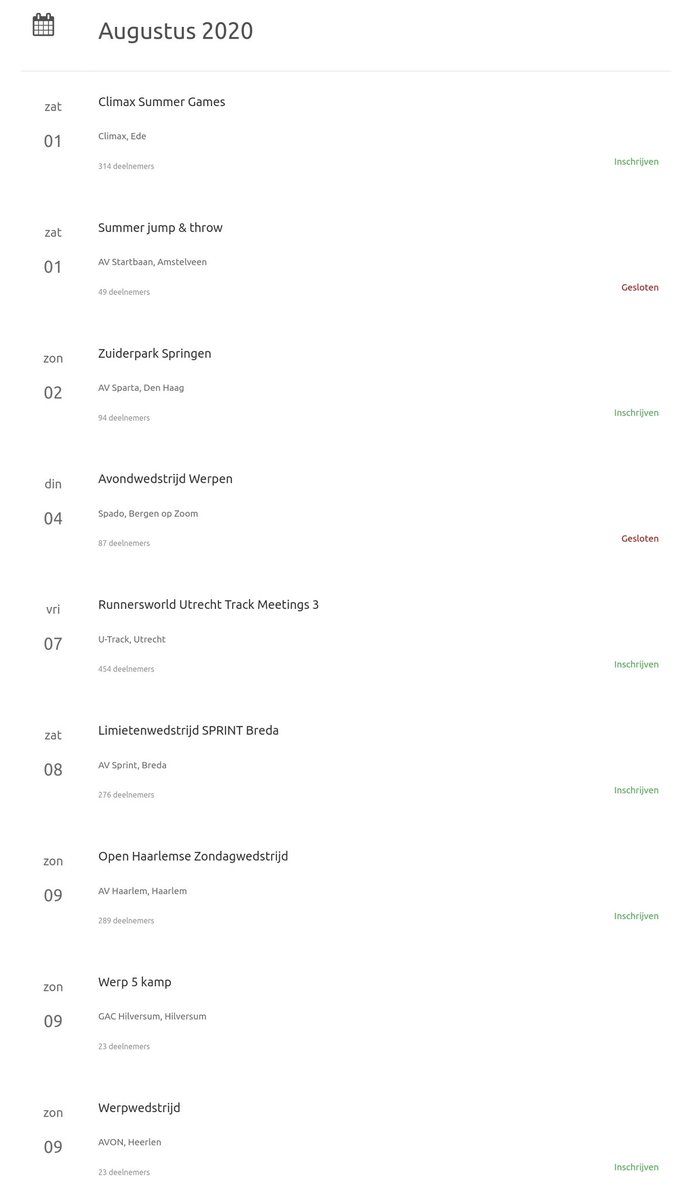 Flanders Cup in Huizingen 🇧🇪 is afgelast. Nederlandse wedstrijden gaan voorlopig nog allemaal door. Gaan we meer BEL atleten in NL zien ? Za 1 aug Ede, vr 7 aug <a href="/TrackMeetings/">Track Meetings</a> Utrecht, za 8 aug <a href="/avsprint/">SPRINT Breda</a> Breda of zo 9 aug <a href="/avhaarlem/">AV Haarlem</a> ? Inschrijven : atletiek.nu
