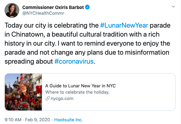 NYC health Commisisoner, Dr. Oxiris Barbot, tweets out “As we gear up to celebrate the  #LunarNewYear in NYC, I want to assure New Yorkers that there is no reason for anyone to change their holiday plans, avoid the subway, or certain parts of the city because of  #coronavirus,”