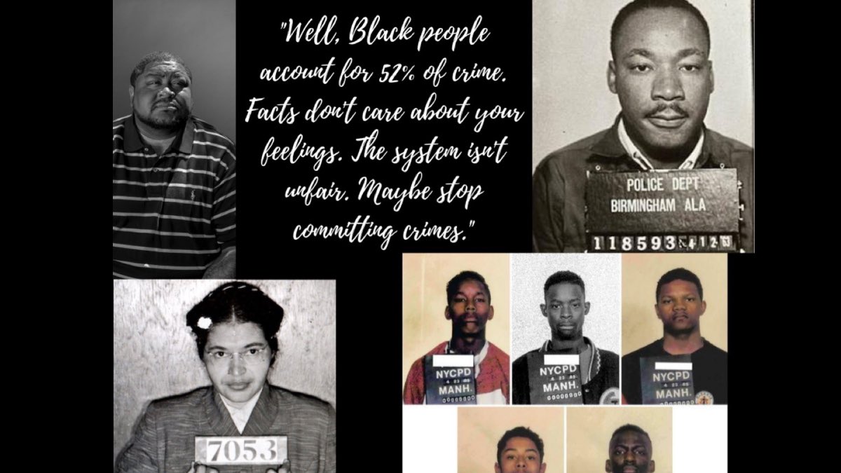 “Well, Black people account for 52% of crime. facts don’t care about your feelings. The system isn’t unfair. Maybe stop committing crimes.”