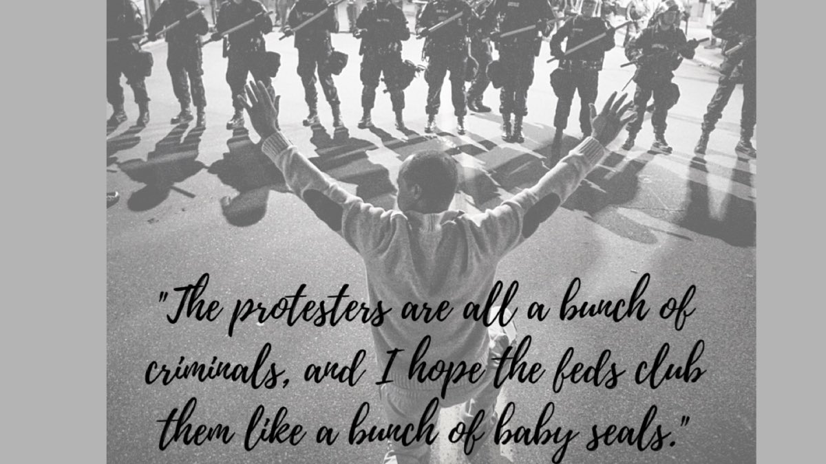 “The protesters are all a bunch of criminals, and I hope the feds club them like a bunch of baby seals.”