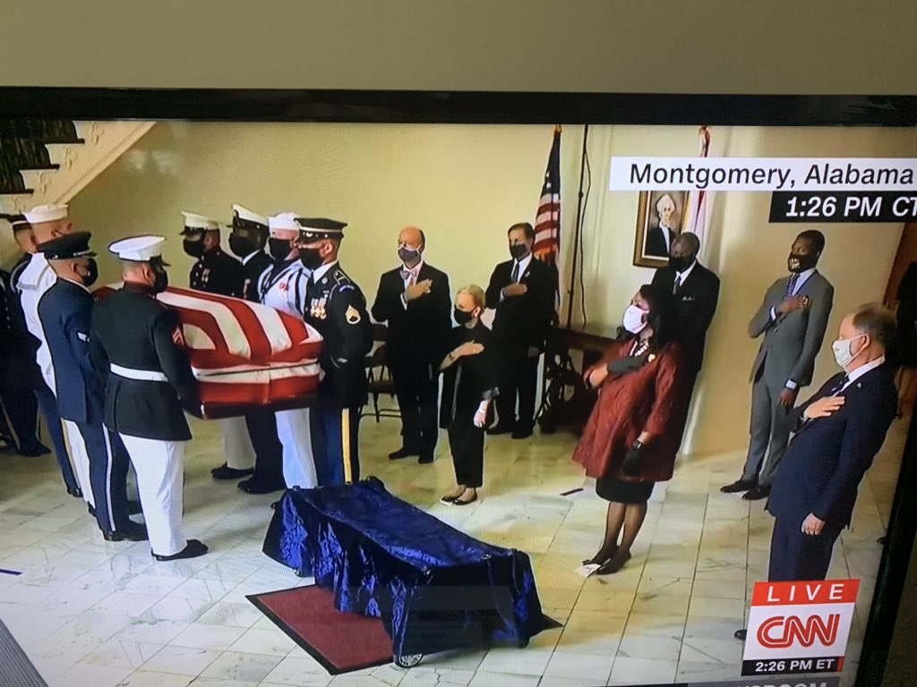 CourtneyJerry's tweet photo. Alabama has come far but has so much further to go in recognizing the dignity of all its citizens. In 1965 Governor Wallace  ordered Police and State Troopers to stop the marchers to Governor Kay Ivey honoring and celebrating the life of John Lewis at the Alabama State Capital https://t.co/MwR1WP0RwW