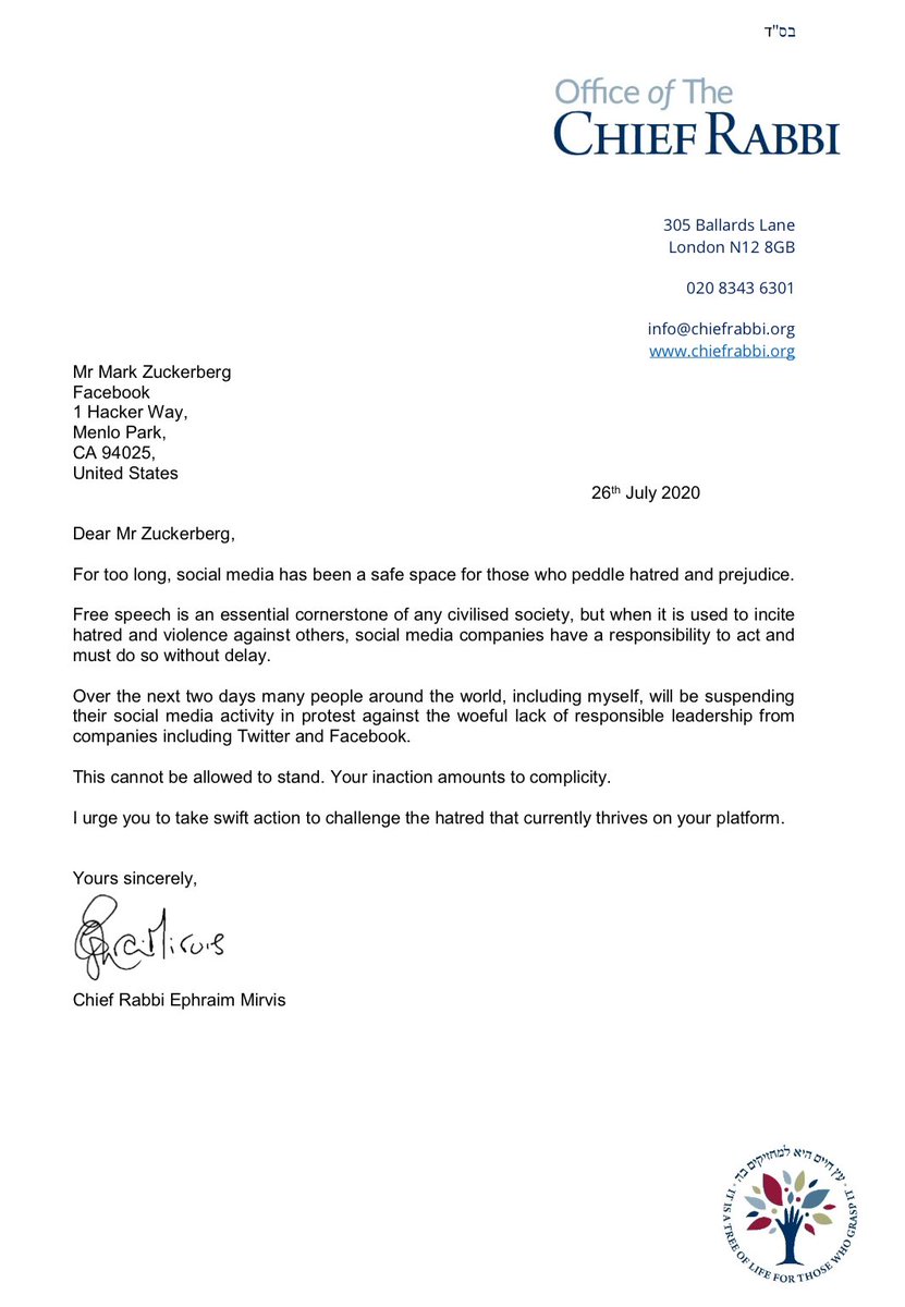 “This cannot be allowed to stand. Your inaction amounts to complicity.” 
The Chief Rabbi writes to @Jack and Mark Zuckerberg to demand #NoSafeSpaceForJewHate
