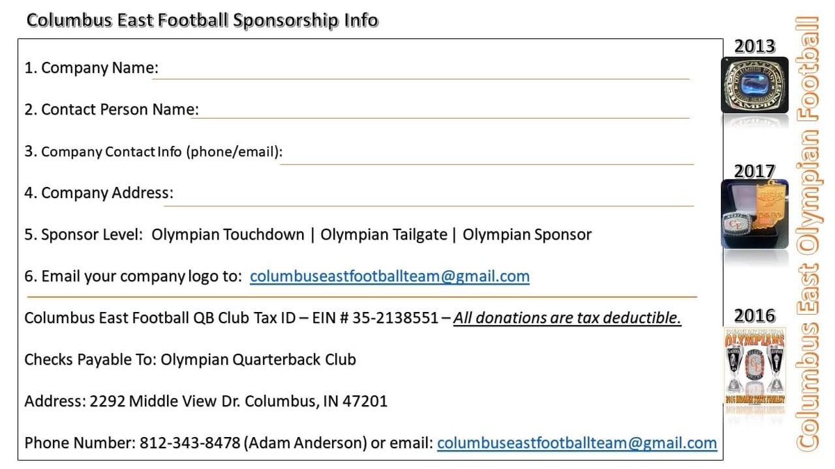 Just a reminder. Get your sponsorships in. Game day tickets subject to change depending on COVID restrictions.