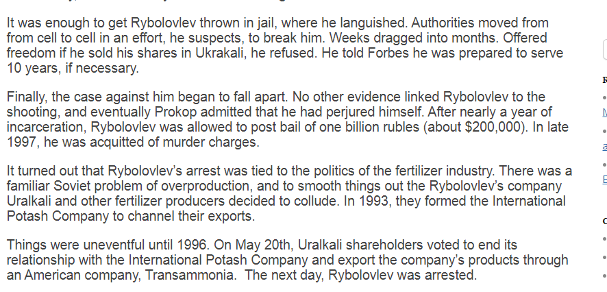 "No other evidence linked Rybolovlev to the shooting, and Prokop admitted that he had perjured himself. After nearly a year of incarceration, Rybolovlev was allowed to post bail of one billion rubles (about $200,000). In 1997, he was acquitted of murder charges. "