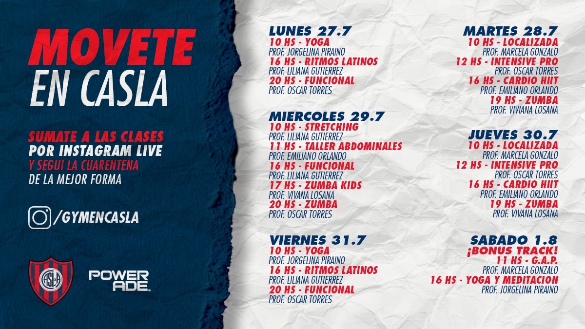 SanLorenzo's tweet photo. #MoveteEnCASLA 🔵🏠🔴
😉 ¡A prepararse, Cuervas y Cuervos, que mañana continúan las clases por IG Live 👇
📲 https://t.co/CVx93FCGHH
🏋️♀️🏋️♂️ Funcional
🤸♀️🤸♂️ Stretching
🦵 Cardio HIIT
💃🕺 Ritmos Latinos
🧘♀️🧘♂️ Yoga
📅 Chequeá la agenda completa hasta el sábado 👇 https://t.co/YziWmnjUuT