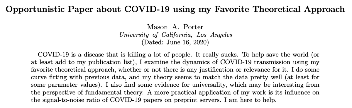 Yet the paper is absolute bullshit—and the reasons why are quite interesting to unpack. For starters, the paper has nothing to do with COVID. We get a gives a cursory overview of the pandemic in the introduction, and that's it. Mason Porter pretty much has their number.