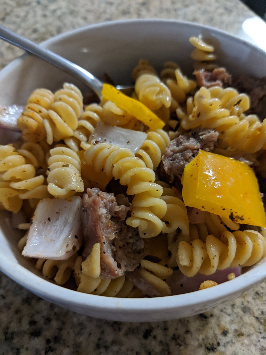 QuaranTweeterDC's tweet photo. #day133 #fooddiary Italian sausage, chick pea pasta, peppers, onions skillet, top with a little crumbled goat cheese (or feta) and spicy mustard. 

#quarantine #quarantinediary #QuarantineLife #quarantinekitchen #cookinginquarantine #skilletdish #Covid_19 https://t.co/ypx5XlRm9T