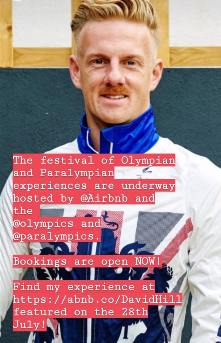 I'm super excited to be part of the festival of Olympian and Paralympian experiences, hosted by <a href="/Airbnb/">Airbnb</a> and the
<a href="/Olympics/">The Olympic Games</a> and <a href="/Paralympics/">Paralympic Games</a>. Find my experience at abnb.co/DavidHill in 48 hours!